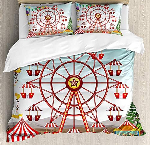 WENYAO Large Circus Decor Duvet Cover, Ferris Wheel in Amusement Park Illustration Distant Hills Flower Pots, Decorative Bedding Set with 3 Pillowcases