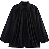 Xunger Women's Puffed Bomber Jacket Oversized Streetwear Casual Batwing Sleeve Lapel Collar Zip Front Pleated Shirts