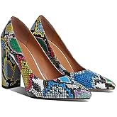 LEHOOR Women Chunky High Heel Pumps Pointed Toe Snakeskin Print Patent Closed Toe Sandals 4 Inch Block Heel Slip On Dress Pumps Shoes Sexy Office Evening Party Colorful Snakeskin 7 M US