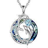SHINYKEND Heart-Cut Topaz Double Dolphin Necklace for Women, 925 Sterling Silver Blue Crystal Dolphin Pendant Necklace,Ocean Jewelry Gift For Anniversary Birthday Graduation for Girlfriend Wife 18+2"