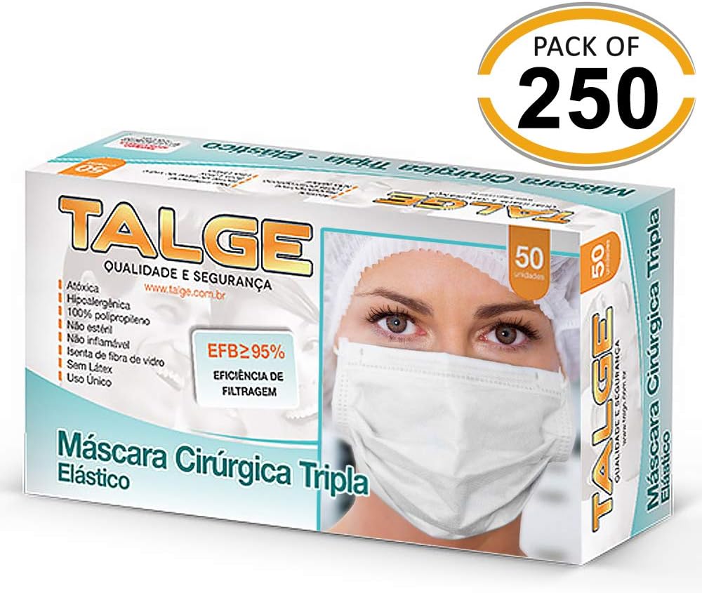 Talge Surgical Disposable Face Masks with Elastic Ear Loop 3 Ply 95% BFE Breathable and Comfortable for Blocking Dust Air Pollution Protection Pack of 250