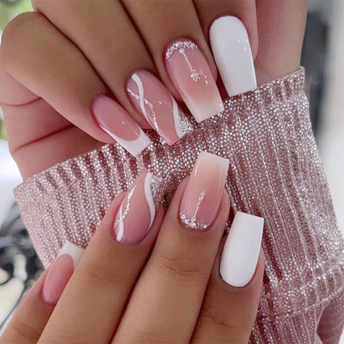 Coffin Long Press on Nails 24 Pcs White Fake Nails Silver Glitter Fake Nails Rhinestone Fake Nails Ballerina Fake Nails