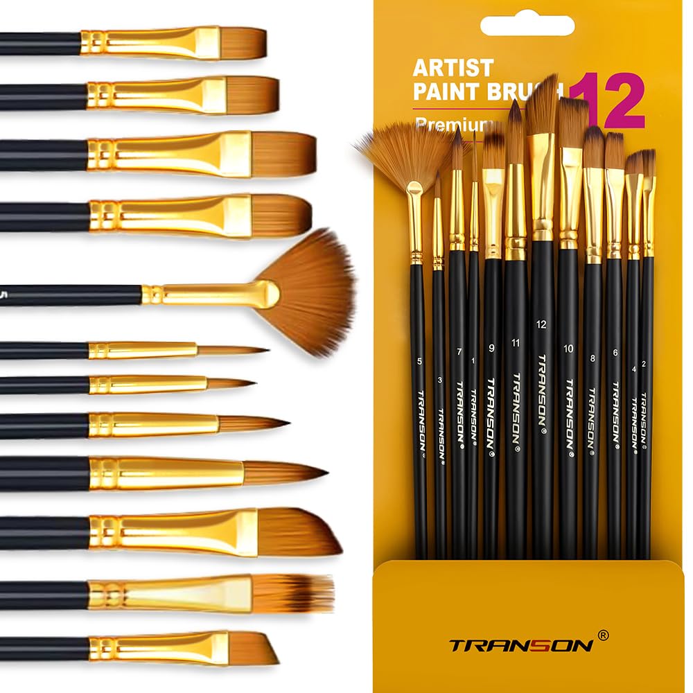 Transon Art Painting Brush Assorted Set of 12 for Acrylic Watercolor Gouache Hobby Painting