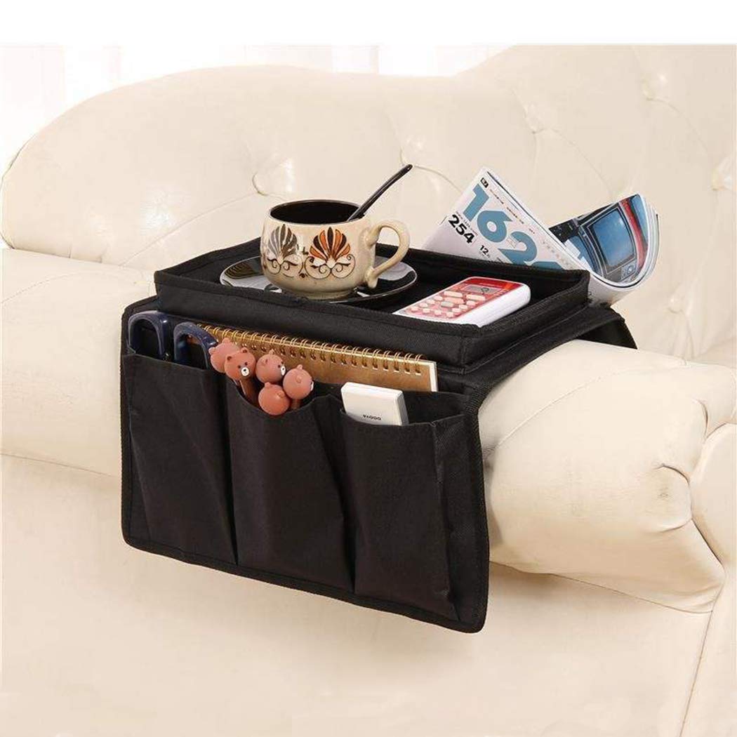 Sofa Armrest Organizer Couch Caddy Armchair Hanging Storage Bag Sofa Space Saver Arm Rest Chair Organiser with Cup Holder Tray for Phone,Books,Magazine,Snacks,Glasses,6 Pockets (Black)
