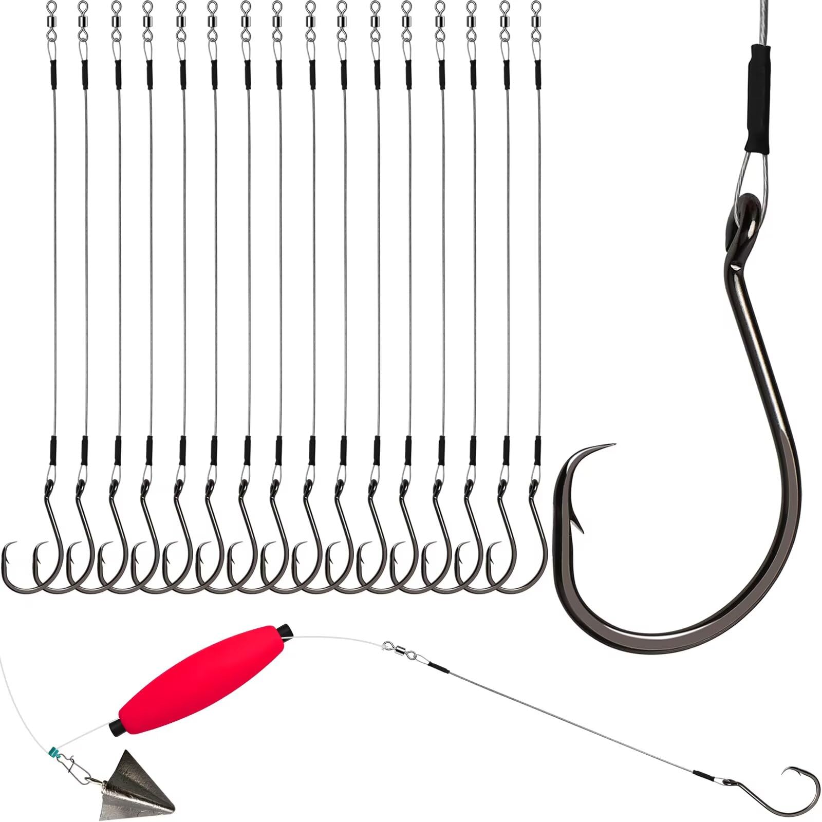 Dovesun 20PCS Fishing Hook Set - Circle Hooks for Catfish Rigs, Saltwater Freshwater, Five Sizes 6/0 Pre-rigged With Wire Leader