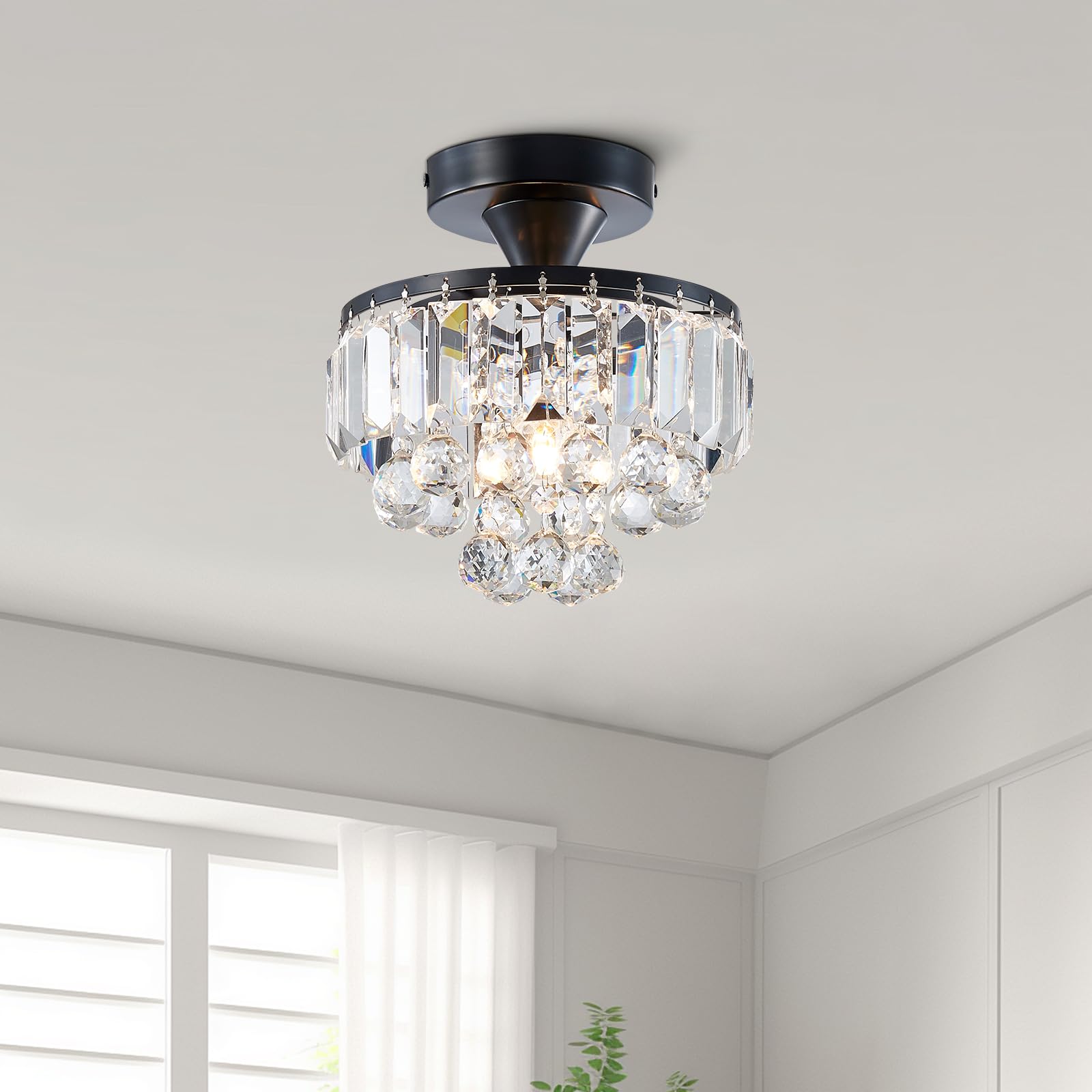 BESTIER Modern Black Crystal Semi-Flushmount Chandelier Lighting LED Ceiling Light Fixture Lamp for Dining Room Bathroom Bedroom Livingroom Diameter 23 Height 26