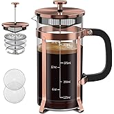 QUQIYSO Coffee Maker 304 Stainless Steel French Press with 4 Filter, Heat Resistant Durable, Easy to Clean, Borosilicate Glass Coffee Press, 100% BPA Free Teapot, 21 ounce, copper