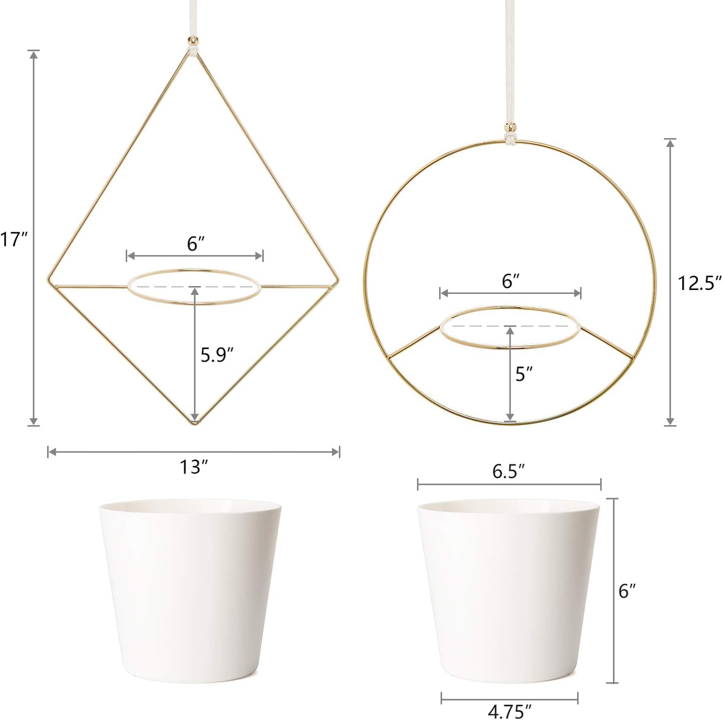 Mkono Boho Hanging Planter, Set of 2 Metal Plant Hanger with Plastic Pots, Modern Mid Century Flower Pot Plant Holder in Diamond and Circle Shape, Fits 6 Inch Planter (Plastic Pots Included), Gold: Garden & Outdoor