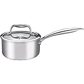 KC-Emier 1-Quart Saucepan with Lid, Tri-Ply Stainless Steel Pot with Stay-Cool Handle & All Cooktop Compatibility (Gas, Ceramic, Electric) - Silver