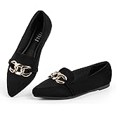 MUSSHOE Loafers for Women Comfortable Flats: Pointed Toe Suede Slip On Dress Shoes with Gold Chain - Memory Foam Arch Support for Business Casual Work Office