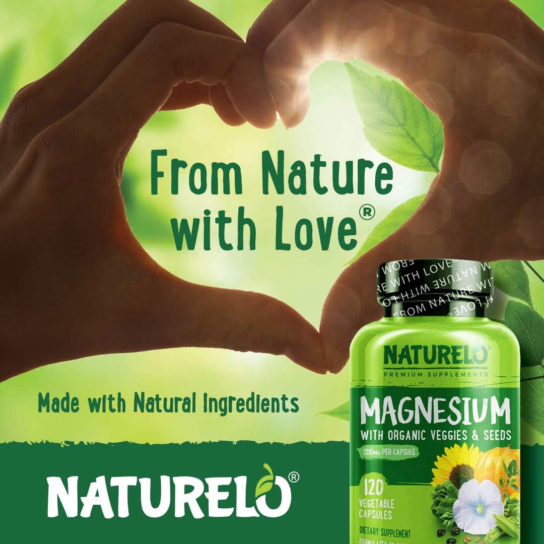 NATURELO Magnesium Glycinate Supplement - 200 mg Natural Glycinate Chelate with Organic Vegetables - Best for Sleep, Calm, Anxiety, Muscle Cramp & Stress Relief – Gluten Free, Non GMO - 120 Capsules: Health & Personal Care