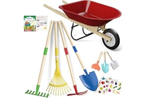 Qtioucp Kids Wheelbarrow Set with Gardening Tools Outdoor Backyard Garden Play for Toddlers Boys Girls 3-8, with Shovel, Rake, Leaf Rake, Easter Birthday Gifts (Red Garden Set)