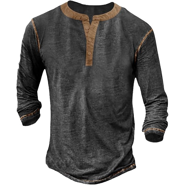 famesale Camicie Henley da Uomo Vintage Distressed Tops Lettera Stampa 3D T- Shirt a Maniche Lunghe Scollo a V Palestra Allenamento Henley Camicie
