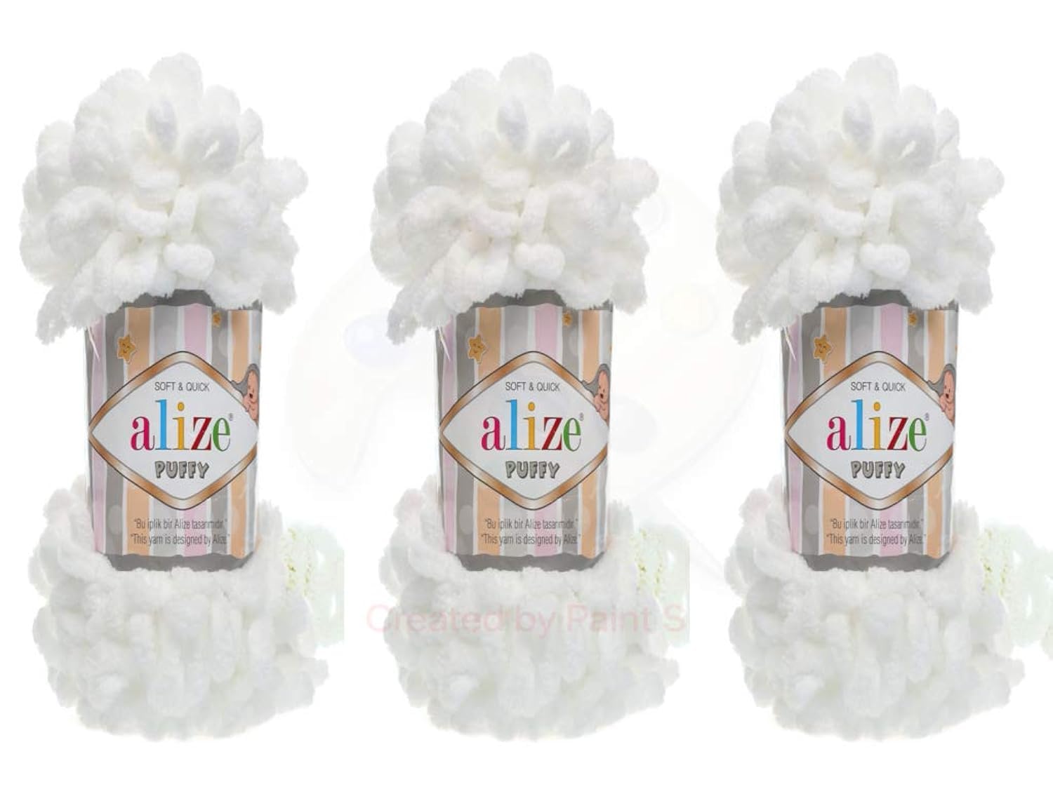 Alize Puffy Baby Blanket Lot of 3 - 300gr, 30yds, 100% Micropolyester Soft, Super Chunky Bulky Worested Yarn (55 - White)