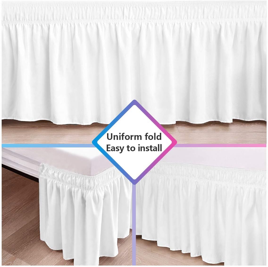 RIMELA Bed Skirt Wrap Around Elastic Dust Ruffle Solid Color Wrinkle and Fade Resistant with Adjustable Elastic Belt Easy to Install White for Queen Size 15 Inch Drop: Kitchen & Dining