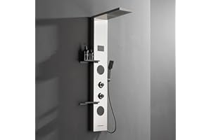 BATHLAVISH LED Brushed Nickel Shower Tower 304 Stainless Steel Shower Panels With Storage Shelf System with Rainfall Shower Head With Handheld Massage Body Jets Waterfall Bathtub Bathroom Lavatory