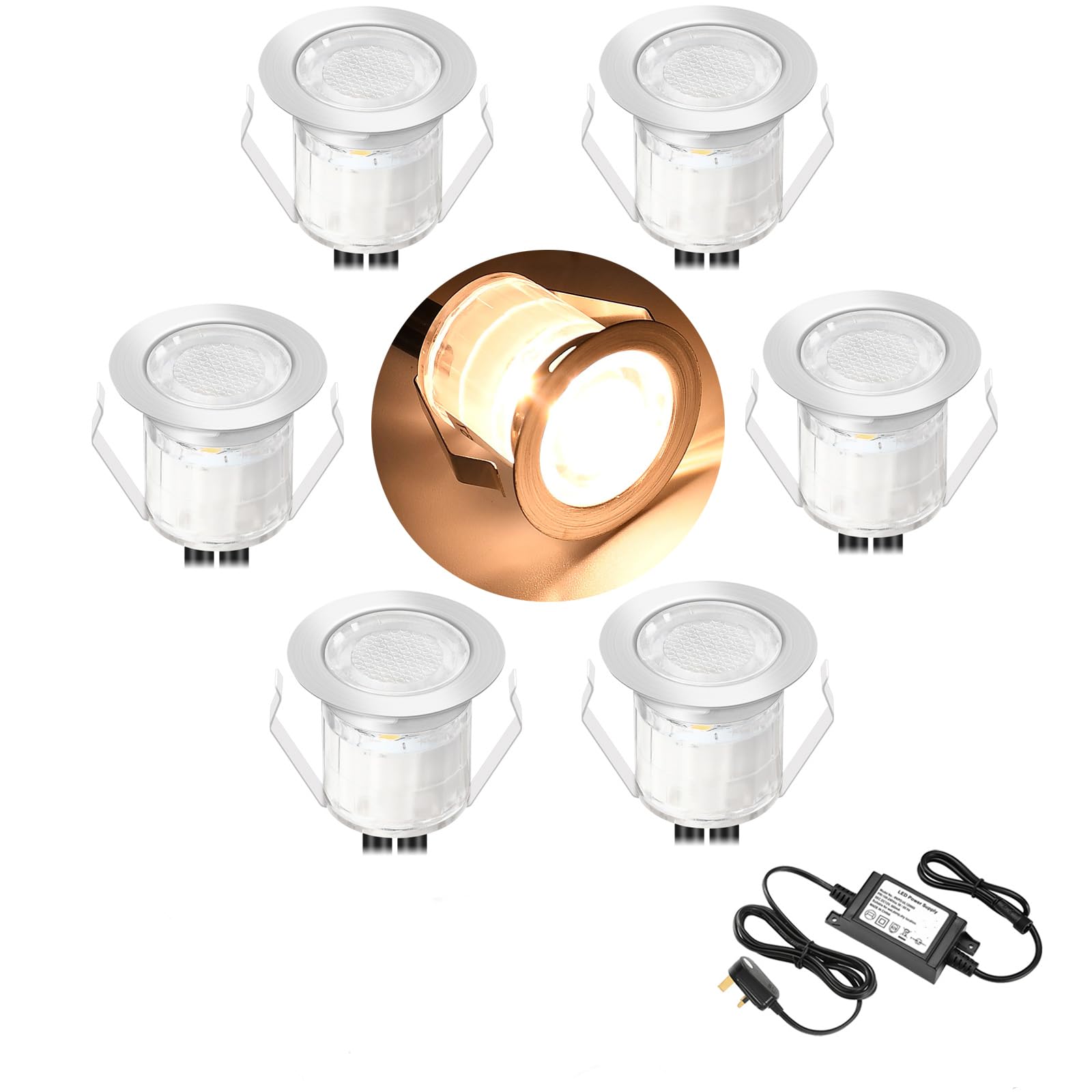 GEYUEYA Home Warm White Led Decking Lights Waterproof IP67 Ø30MM 12V 0.6W - Led Plinth Light Kits for Terrace/Patio/Path/Wall/Decoration - 6 Packs