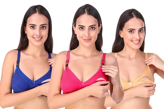 Cotton (Hosiery) Full-Cup Breastfeeding Nursing Maternity Bras for Women's Combo Pack of 3