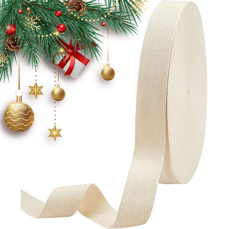 NBEADS 54.68 Yards(50m)/Roll Cotton Tape Ribbons, Herringbone Cotton Webbings, 30mm Wide Flat Cotton Herringbone Cords for Knit Sewing DIY Crafts, Antique White