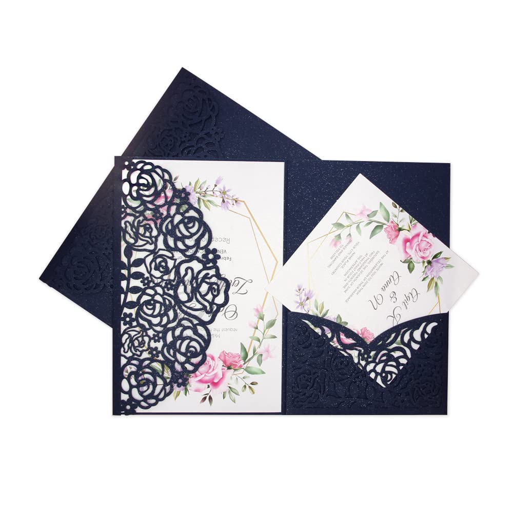 PCORES Laser Cut Invitations, 25 Pcs Wedding Invitations with Envelope, Blank Inner Sheet, RSVP Cards, for Weddings Invite (4.72" x 7.13",Dark Blue)