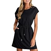 BLENCOT Womens Casual Spring Summer Drawstring Mini Dress Knit Patch Color Short Sleeve Crewneck Shirt Dress with Pockets