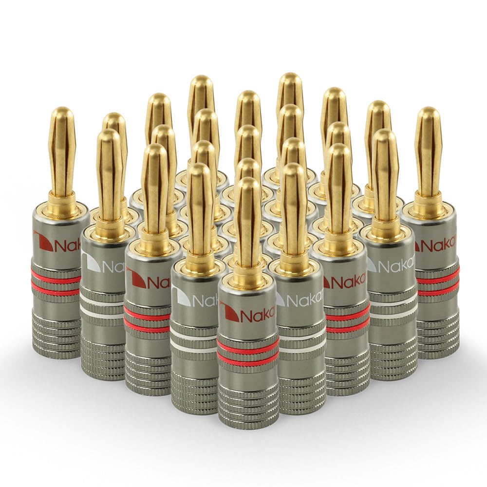 Nakamichi Ultimate Series 24k Gold Plated Beryllium Red Copper Banana Plug 12 AWG - 18 AWG Gauge Size 4mm for Speakers Amplifier Hi-Fi Stereo Receiver Audio Wire Cable Connector 24 Pcs (12-Pairs)