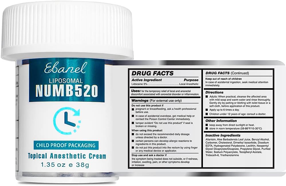 Ebanel 5% Lidocaine Topical Numbing Cream Maximum Strength 1.35 Oz, Numb 520 Pain Relief Cream Anesthetic Cream Infused with Aloe Vera, Vitamin E, Lecithin, Allantoin, Secured with Child Resistant Cap: Health & Personal Care