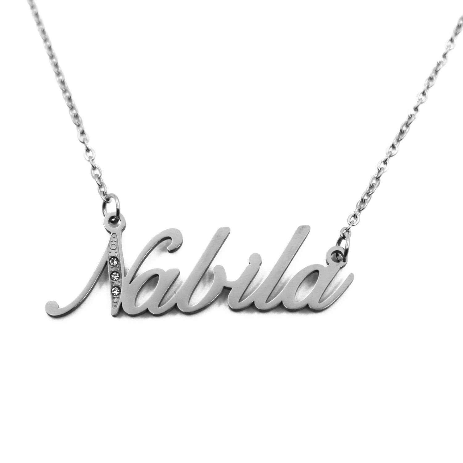 Kigu Nabila Italic Personalised Name Necklace With Cubic Zirconia Silver Tone , Custom Dainty Name Pendants, Jewellery for Ladies, Girlfriend, Mother, Sister, Friends