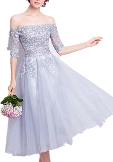 Amazon 6878 ウエディングドレス パーテイードレス 結婚式 二次会 発表会 演出 撮影 花 ラベンダー シルバーグレー オフショルダー ミモレ丈 ブライズメイド Xl パーティードレス 通販