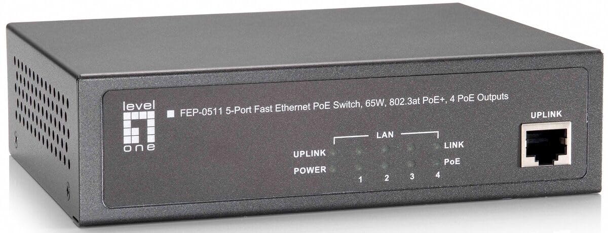 LevelOne FEP-0511 5-Port Fast Ethernet PoE Switch 65W 802 3at PoE Plus 4 PoE Outputs
