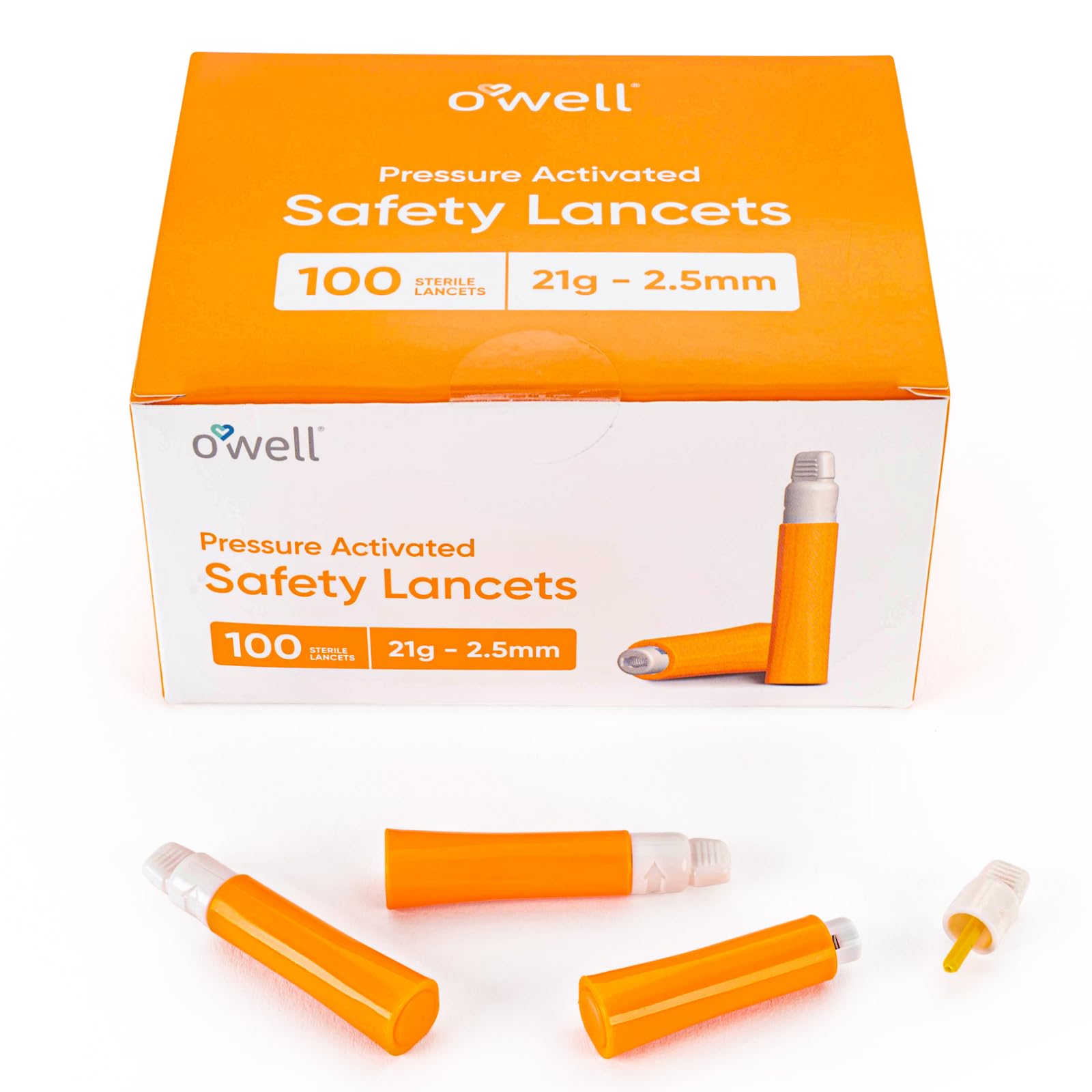 OWELL® Safety Lancets 21G x 2.5mm – 100 Count | Extra Blood Flow for Thick Skin | Sterile, Preloaded, Medical-Grade, Pressure Activated for Diabetic Glucose Testing