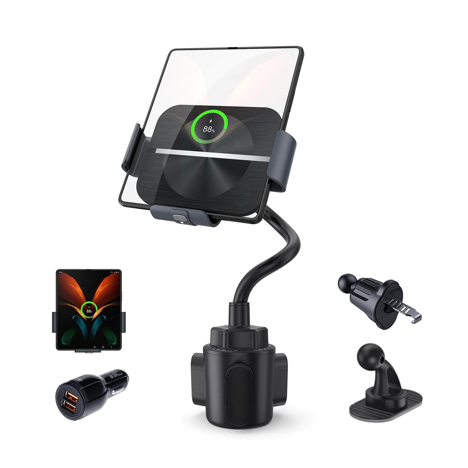 MAKAQI Wireless Car Charger for Z Fold 6/5/4/3/2, Dual Coil Cup Holder Phone Mount, Wireless Car Charger for Tesla, Auto Clamping Fast Charging for iPhone 16/15/14/13/12/11/X/8
