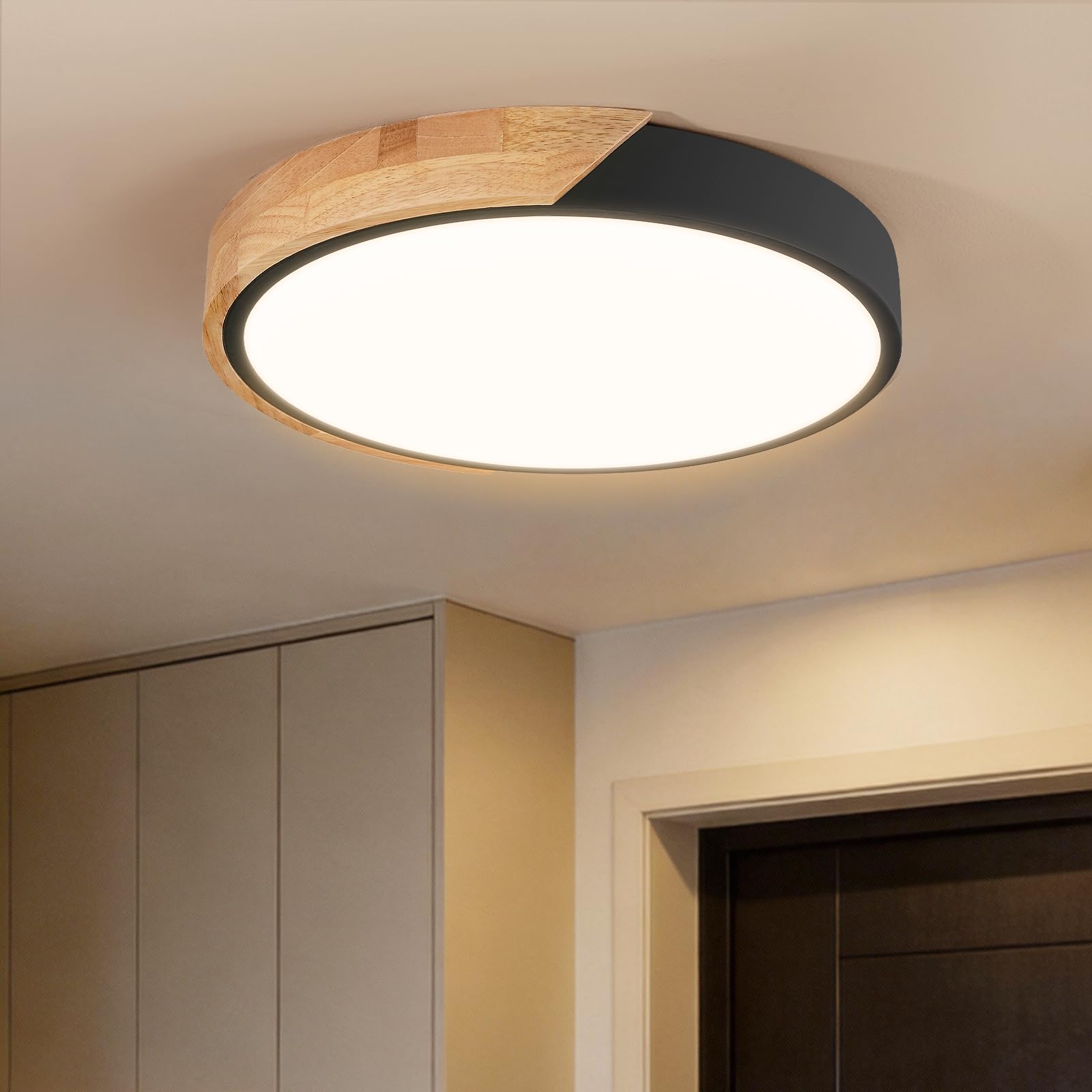 Kimjo LED Wooden Round Ceiling Light, 24W Warm White 3000K, 2400LM, Ø30cm x 5cm, Modern Bedroom & Living Room Light