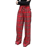 Women's Tartan Plaid Print Pants High Waisted Wide Leg Baggy Palazzo Pants with Belt
