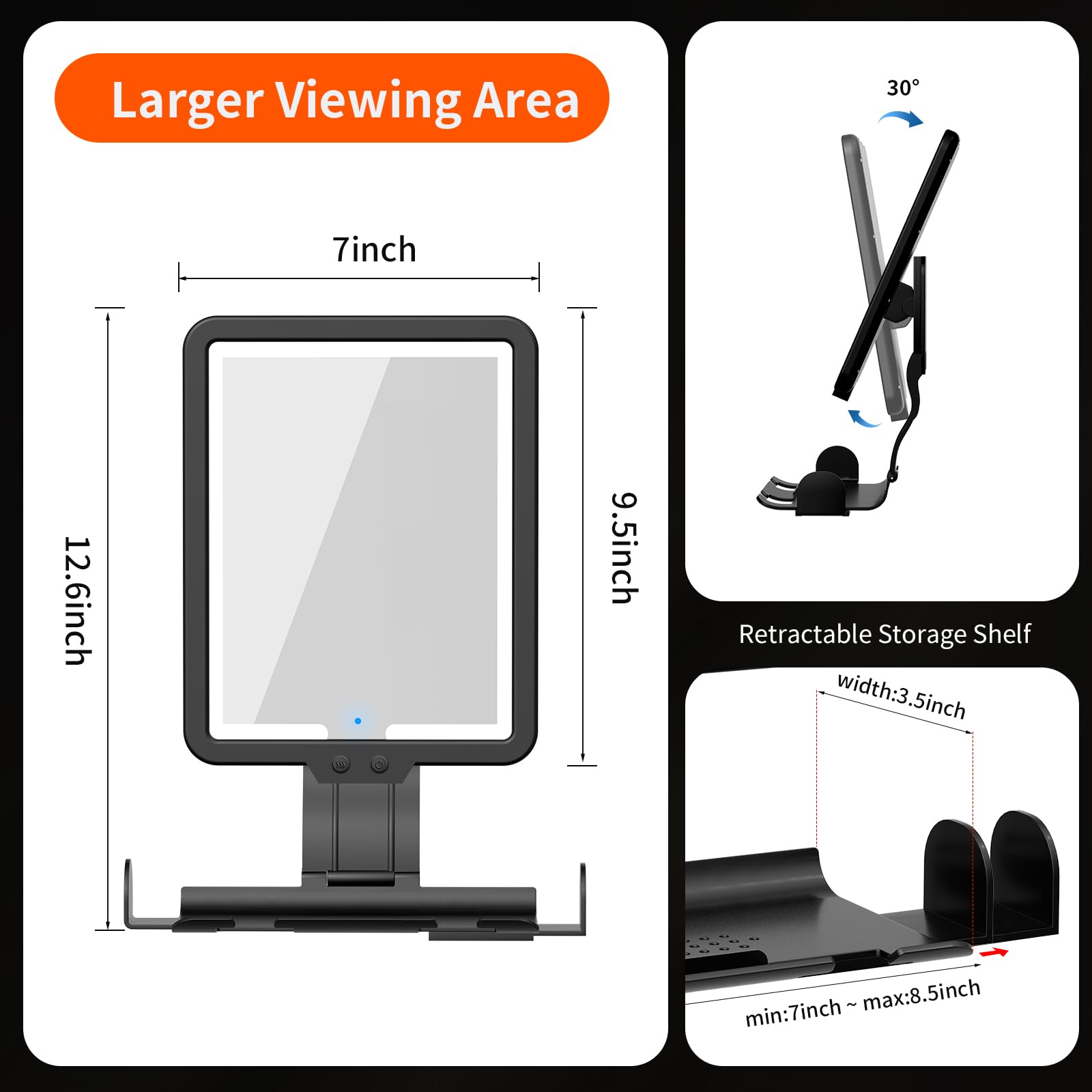 Lighted Shower Mirror Fogless for Shaving, Heated Fog Free Large 9.5*7inch 3 Color Modes Dimming Shower Shaving Mirror with Light, Rechargeable Anti-Fog Shower Mirror with Storage Tray & Razor Holders