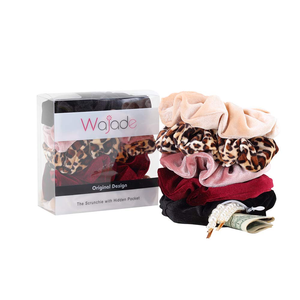 Wajade 5 Pcs Pocket Hair Scrunchies with Hidden Zipper - Velvet Elastic Hair Bands - Black, Wine Red, Dusty Pink, Leopard and Camel Scrunchies