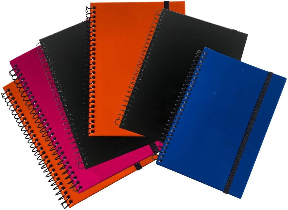 Bundle Set of 6 Hardback Hardcover Spiral Wire Bound Notebooks, 5 X 7, 80 Sheets (160 Pages) Elastic Closure; Various Colors (NO COLOR CHOICE)