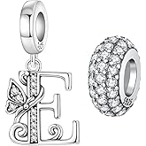 PANPOKI 2 Pack 925 Sterling Silver Butterfly Letter Charms for Bracelets and Necklace Alphabet Initial Dangle Pendants Round Spacer Beads Pave Cubic Zirconia Jewelry Gift for Women