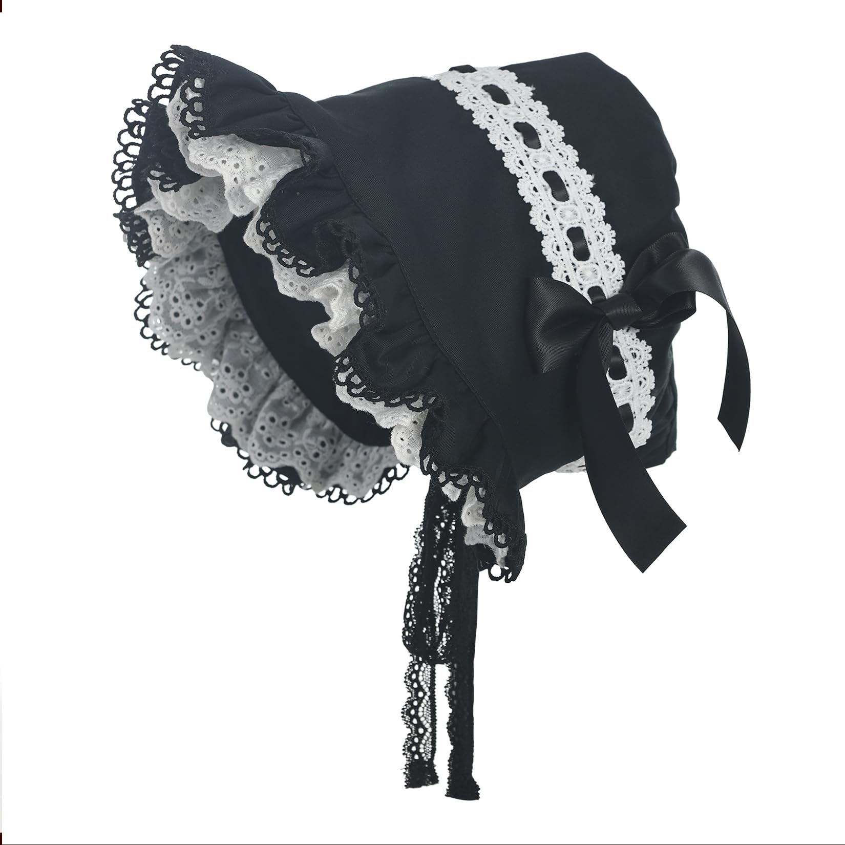 BPURB Victorian White Lace Bonnet Hat for Women Ladies Handmaid Medieval Colonial Costume Accessory Cotton (Black)