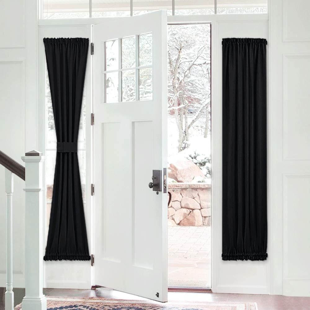 PONY DANCE Blackout Door Panel - French Curtain Solid Rod Pocket Window Treatments Patio Door Drapes for Side French Door Including Bonus Tieback, 25 x 72 inches, Black, One Panel