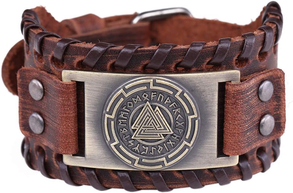 Brown Valknut Norse 24 Runes Wide Leather Bracelet Viking Talisman Men