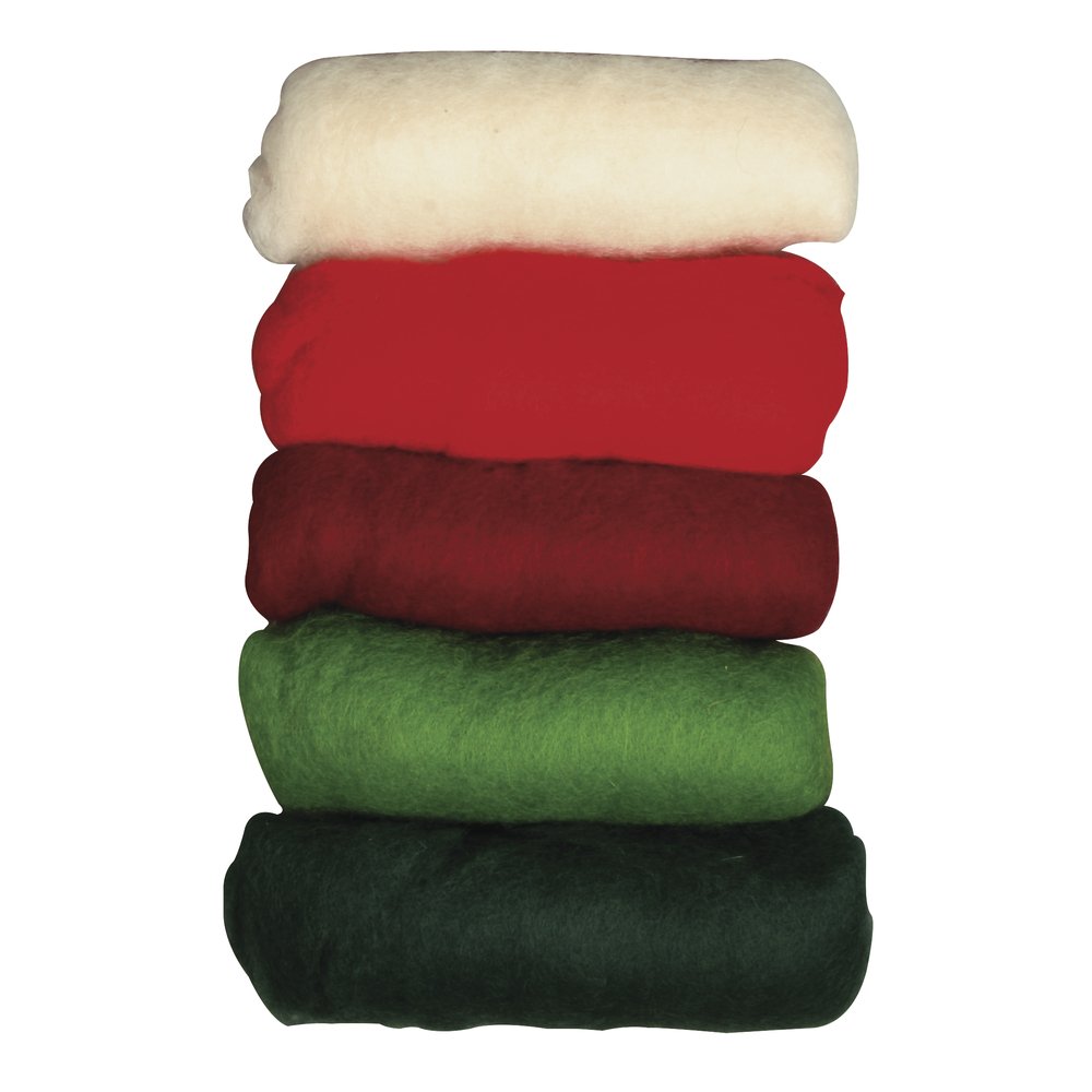 Rayher Set of 5 Natural Wool Tops for Needle Felting, Soft Roving for Weaving and Spinning, Christmas Mix, 20g each, 100% Wool, 5364600