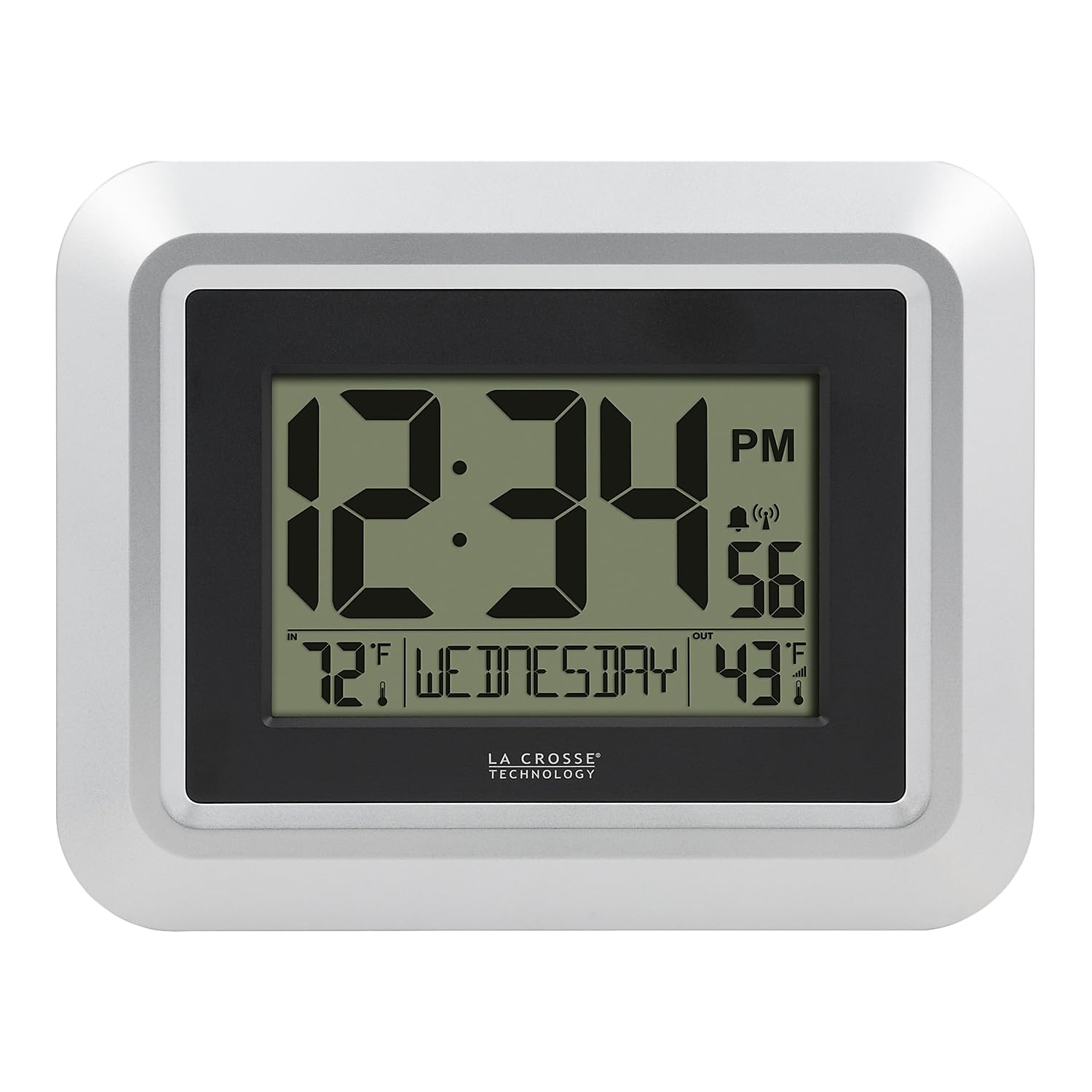 La Crosse Technology 513-1918S-INT Atomic Digital Wall Clock with Outdoor Temperature, Silver
