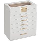SONGMICS GISELLA Collection - Jewelry Box Organizer, 6-Layer Jewelry Storage with 5 Drawers, Shiny Metal Hardware, Glass Lid, Modern, 6.4 x 9.9 x 11.4 Inches, Cloud White and Gold Color UJBC171W01