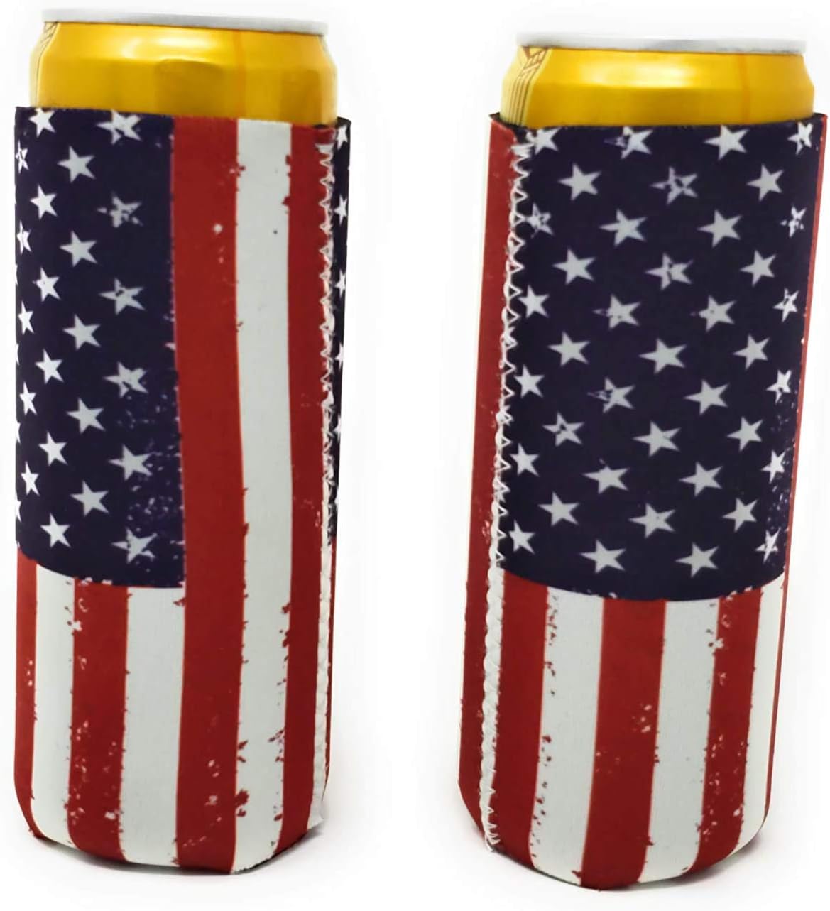 2pcs Neoprene Slim Beer Can Cooler Tall Stubby Holder Foldable Stubby Holders Beer Cooler Bags Fits 12oz Slim Energy Drink & Beer (American Flag)