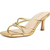 Goderci Kitten Strappy Heels for Women Knotted Square Open Toe Slip On Mule Heels Mid Heeled Sandals