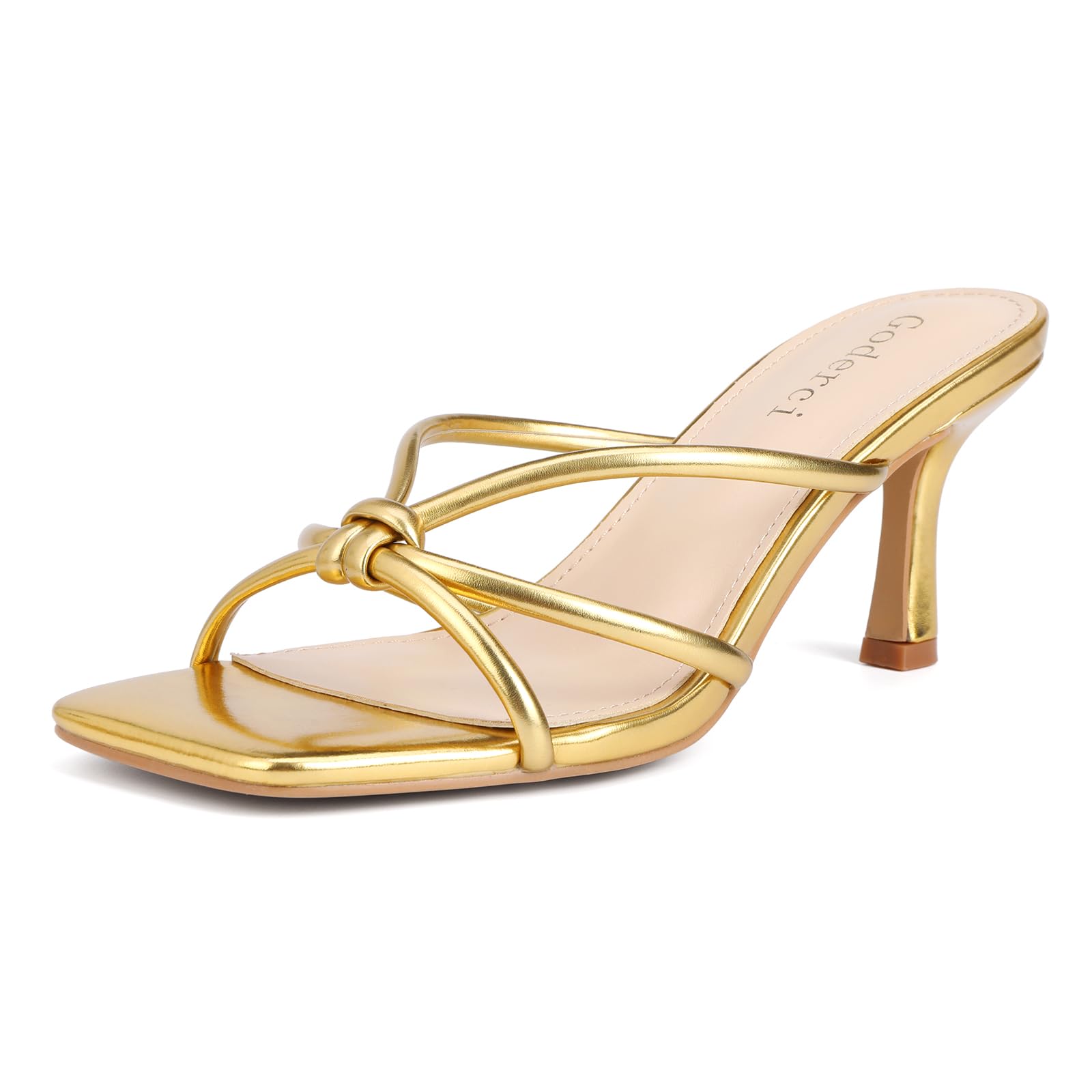 Photo 1 of Goderci Kitten Strappy Heels for Women Knotted Square Open Toe Slip On Mule Heels Mid Heeled Sandals(8,Gold)