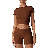 QINSEN Women's 2 Piece Outfits Lounge Sets Slim Fitted Short Sleeve Crop Tops Fold Over Shorts Casual Comfy Trasuits