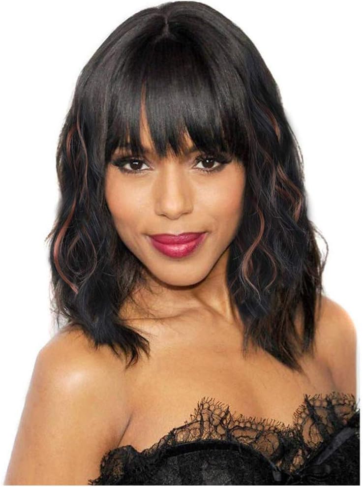 ColorfulPanda Short Curly Wavy Black Wig mix Brown Highlight Bob Wigs with Bangs for Women Synthetic Hair Wigs with Fringe