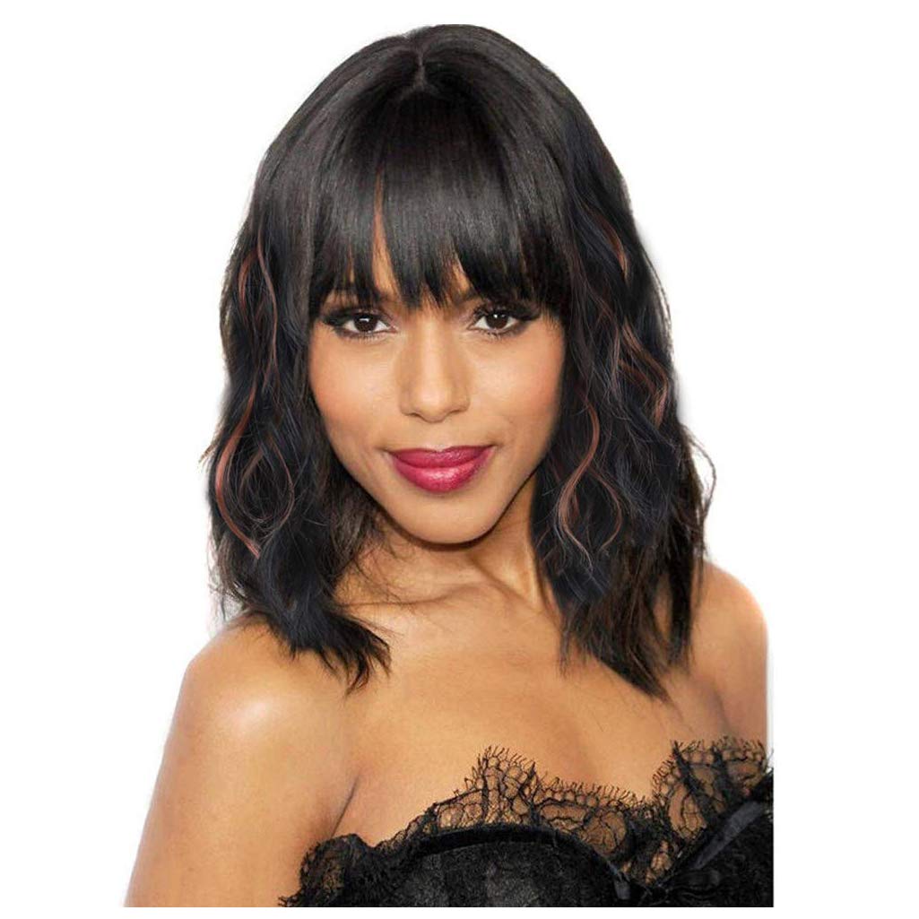 ColorfulPanda Short Bob Wigs for Women Black mixed Brown Highlight Curly Wavy Wigs with Bangs Natural Heat Resistant Fiber for Daily Use and Cosplay 14" โ image 1